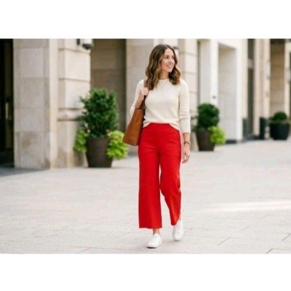 Spanx On-the-Go Cropped Wide Leg Pants Women True Red NWT 20477R High Rise Sz M